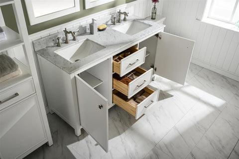 Image of 60" White Finish Double Sink Vanity Cabinet With Carrara White Top