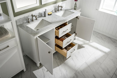 60" White Finish Double Sink Vanity Cabinet With Carrara White Top