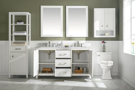 60" White Finish Double Sink Vanity Cabinet With Carrara White Top