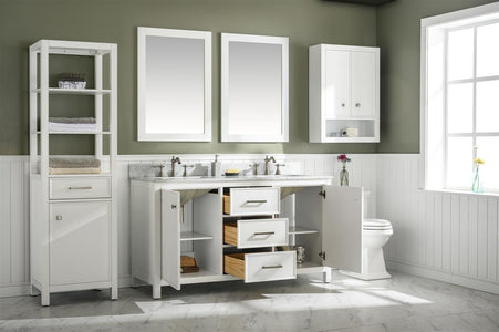 60" White Finish Double Sink Vanity Cabinet With Carrara White Top