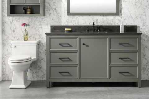 Image of 60" Pewter Green Finish Single Sink Vanity Cabinet With Blue Lime Stone Top