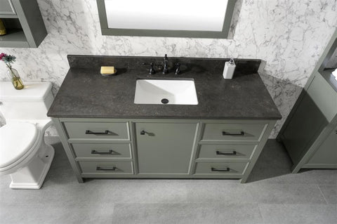 Image of 60" Pewter Green Finish Single Sink Vanity Cabinet With Blue Lime Stone Top