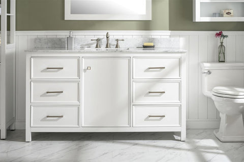 Image of 60" White Finish Single Sink Vanity Cabinet With Carrara White Top