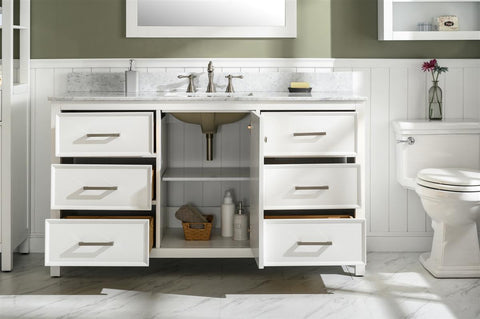 Image of 60" White Finish Single Sink Vanity Cabinet With Carrara White Top