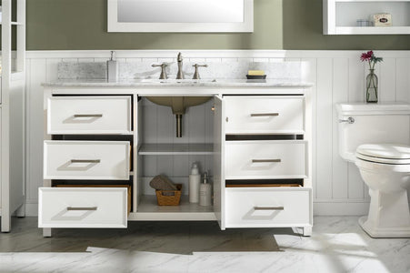 60" White Finish Single Sink Vanity Cabinet With Carrara White Top