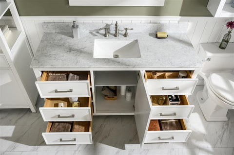 Image of 60" White Finish Single Sink Vanity Cabinet With Carrara White Top