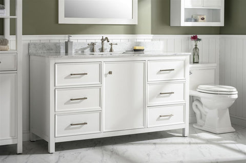 Image of 60" White Finish Single Sink Vanity Cabinet With Carrara White Top