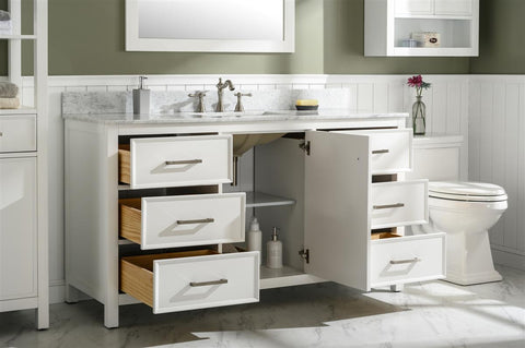 Image of 60" White Finish Single Sink Vanity Cabinet With Carrara White Top