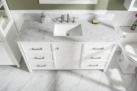 Image of 60" White Finish Single Sink Vanity Cabinet With Carrara White Top