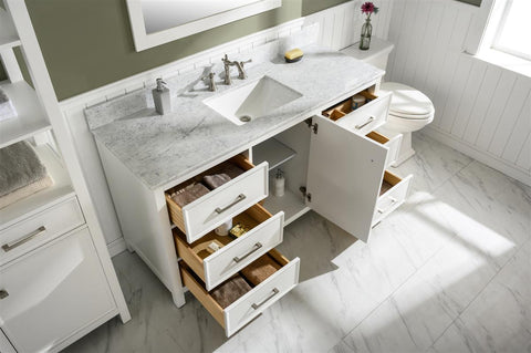 Image of 60" White Finish Single Sink Vanity Cabinet With Carrara White Top