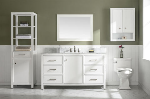 Image of 60" White Finish Single Sink Vanity Cabinet With Carrara White Top