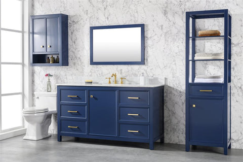 Image of 60" Blue Finish Single Sink Vanity Cabinet With Carrara White Top