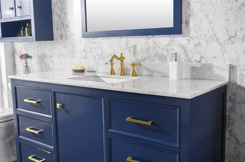 Image of 60" Blue Finish Single Sink Vanity Cabinet With Carrara White Top