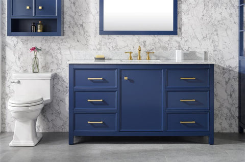 Image of 60" Blue Finish Single Sink Vanity Cabinet With Carrara White Top