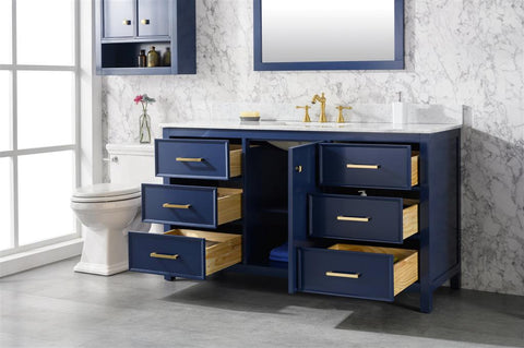 Image of 60" Blue Finish Single Sink Vanity Cabinet With Carrara White Top