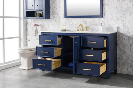 60" Blue Finish Single Sink Vanity Cabinet With Carrara White Top