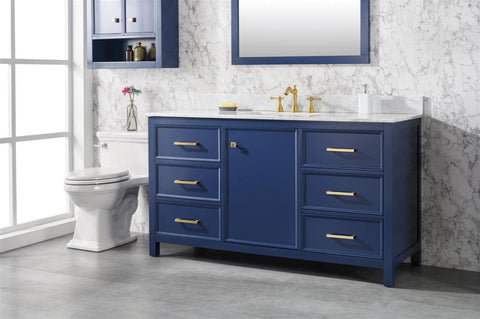 Image of 60" Blue Finish Single Sink Vanity Cabinet With Carrara White Top