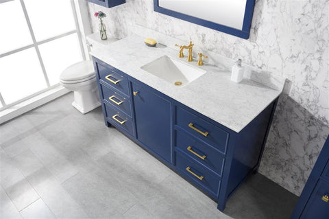 Image of 60" Blue Finish Single Sink Vanity Cabinet With Carrara White Top