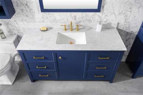 Image of 60" Blue Finish Single Sink Vanity Cabinet With Carrara White Top