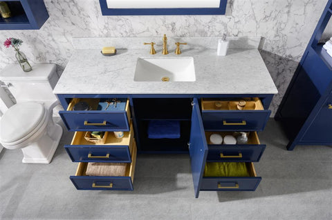 Image of 60" Blue Finish Single Sink Vanity Cabinet With Carrara White Top