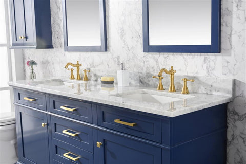 Image of 72" Blue Double Single Sink Vanity Cabinet With Carrara White Top