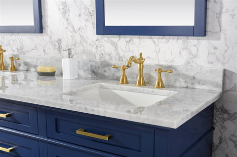 Image of 72" Blue Double Single Sink Vanity Cabinet With Carrara White Top