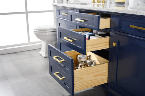 Image of 72" Blue Double Single Sink Vanity Cabinet With Carrara White Top