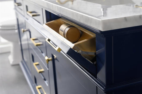 Image of 72" Blue Double Single Sink Vanity Cabinet With Carrara White Top