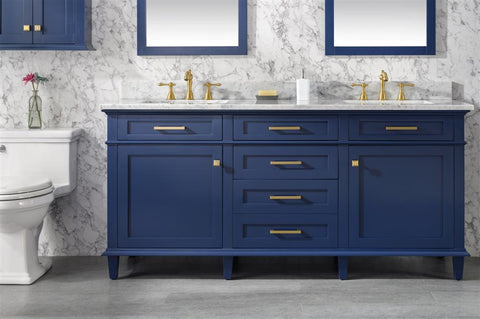 Image of 72" Blue Double Single Sink Vanity Cabinet With Carrara White Top