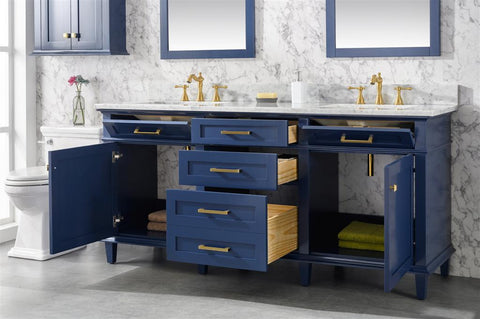 Image of 72" Blue Double Single Sink Vanity Cabinet With Carrara White Top