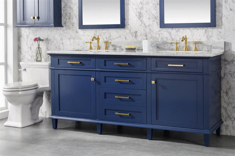 Image of 72" Blue Double Single Sink Vanity Cabinet With Carrara White Top