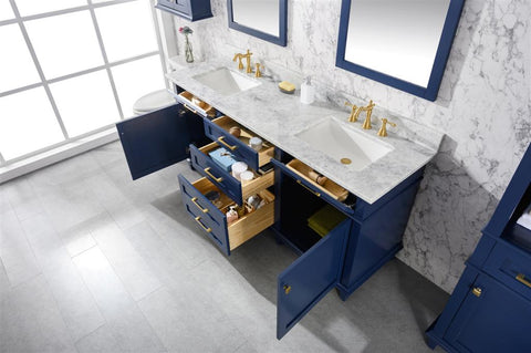 Image of 72" Blue Double Single Sink Vanity Cabinet With Carrara White Top