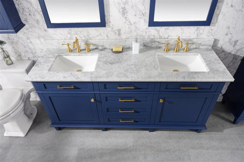 Image of 72" Blue Double Single Sink Vanity Cabinet With Carrara White Top