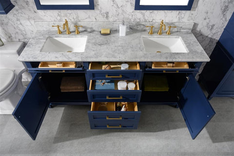 Image of 72" Blue Double Single Sink Vanity Cabinet With Carrara White Top