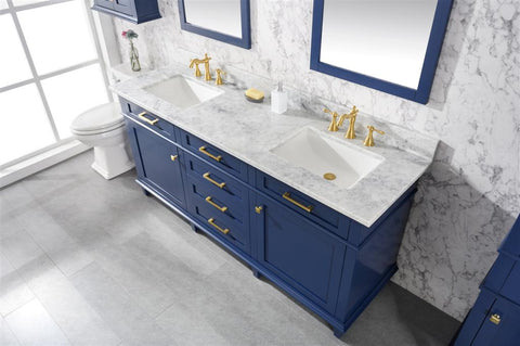 Image of 72" Blue Double Single Sink Vanity Cabinet With Carrara White Top