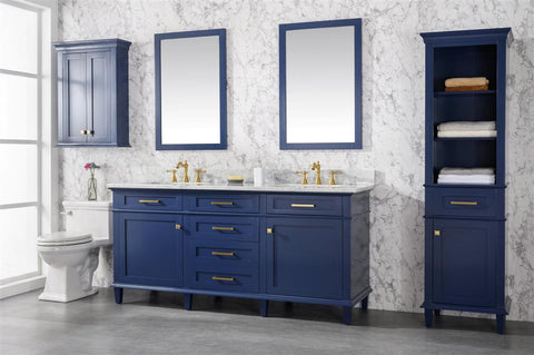 Image of 72" Blue Double Single Sink Vanity Cabinet With Carrara White Top