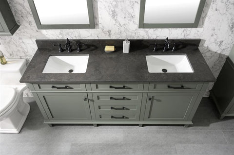 Image of 72" Pewter Green Double Single Sink Vanity Cabinet With Blue Lime Stone Top