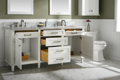 Image of 72" White Double Single Sink Vanity Cabinet With Carrara White Top