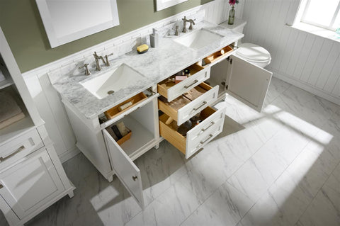 Image of 72" White Double Single Sink Vanity Cabinet With Carrara White Top