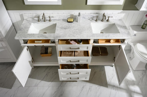 Image of 72" White Double Single Sink Vanity Cabinet With Carrara White Top