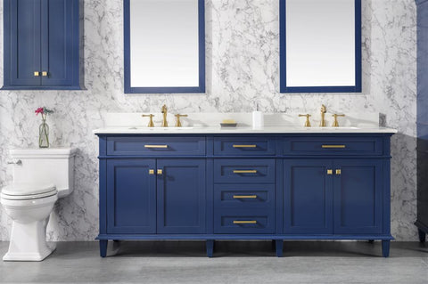 Image of 80" Blue Double Sink Vanity Cabinet With Carrara White Quartz Top Wlf2280-Cw-Qz