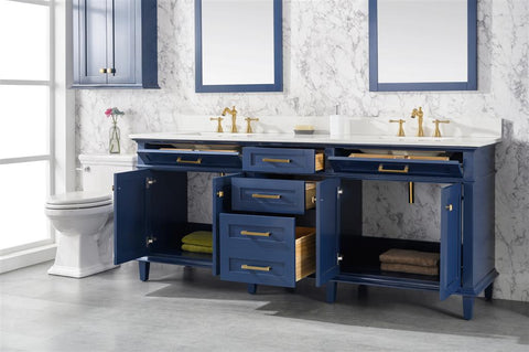 Image of 80" Blue Double Sink Vanity Cabinet With Carrara White Quartz Top Wlf2280-Cw-Qz