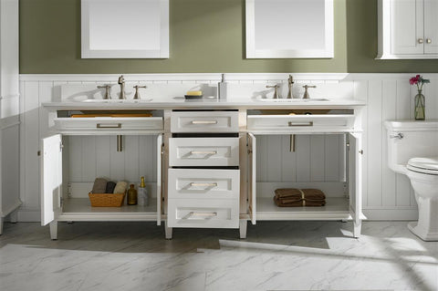 Image of 80" White Double Single Sink Vanity Cabinet With Carrara White Quartz Top Wlf2280-Cw-Qz