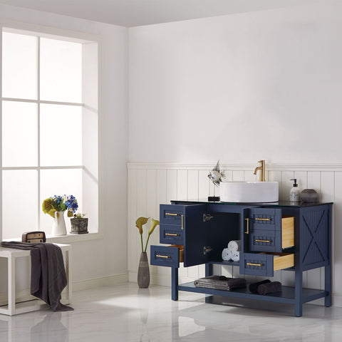 Image of Modena 48” Vanity in Royal Blue with Glass Countertop with White Vessel Sink Without Mirror