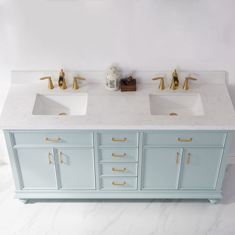 Image of Charlotte 72" Vanity in Finnish Green with Carrara White Composite Stone Countertop Without Mirror