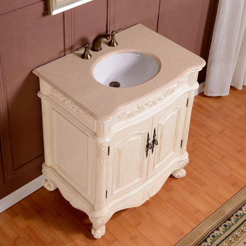 Image of Silkroad Exclusive  32-inch Crema Marfil Marble Top Single Sink Bathroom Vanity - ZY-0250-CM-UWC-32