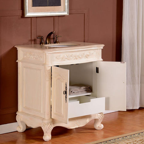 Image of Silkroad Exclusive  32-inch Crema Marfil Marble Top Single Sink Bathroom Vanity - ZY-0250-CM-UWC-32