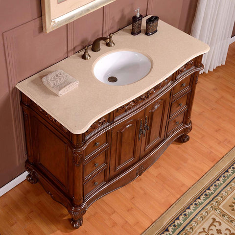 Image of Silkroad Exclusive  48-inch Crema Marfil Marble Top Single Sink Bathroom Vanity - ZY-0250-CM-UWC-48