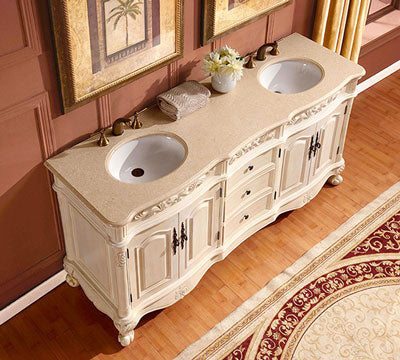 Image of Silkroad Exclusive  72-inch Crema Marfil Marble Top Double Sink Bathroom Vanity - ZY-0250-CM-UWC-72