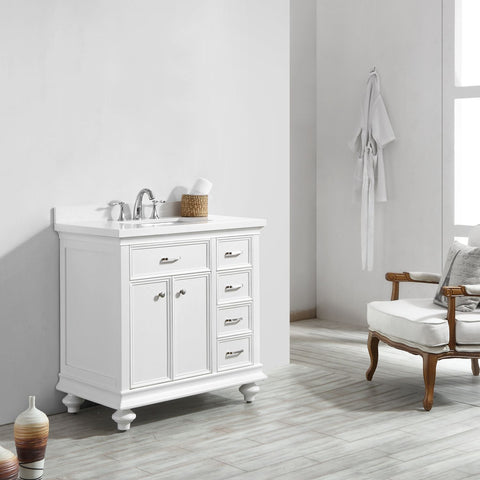 Image of Charlotte 36" Vanity in White with Carrara Quartz Stone Top Without Mirror